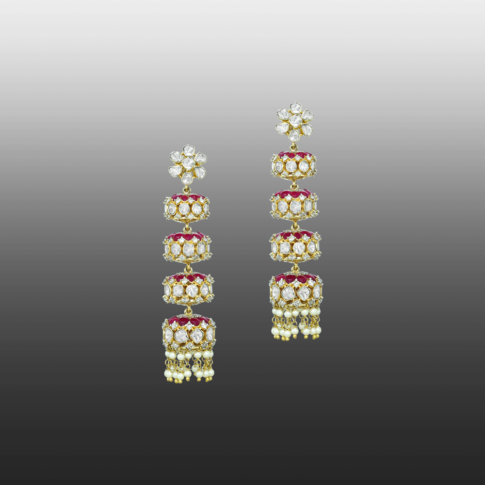 Tiered Polki Earrings with Red Talaf stone and Pearl Drops